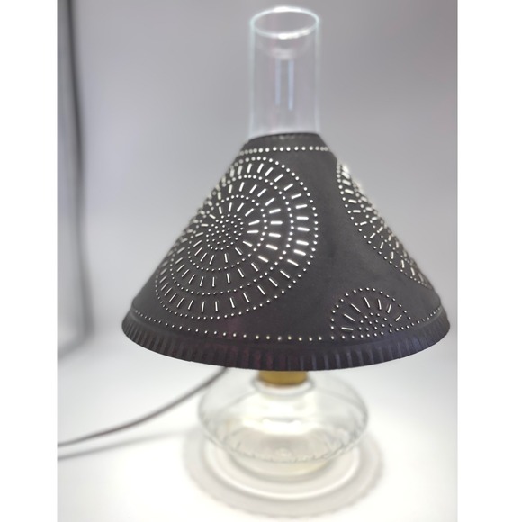 Electric Oil Lamp Vintage Style Tin Punch Shade Rustic Farmhouse Accent Light